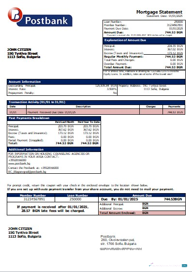 Download Bulgaria Postbank bank mortgage statement scr Photoshop template